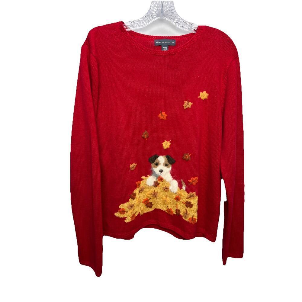 Vintage Northern Isles Sweater Womens Size Medium Red Puppy Dog Fall Leaves